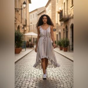 Striped Sleeveless High-Low Dress with Tie Waist in Neutral Stripe